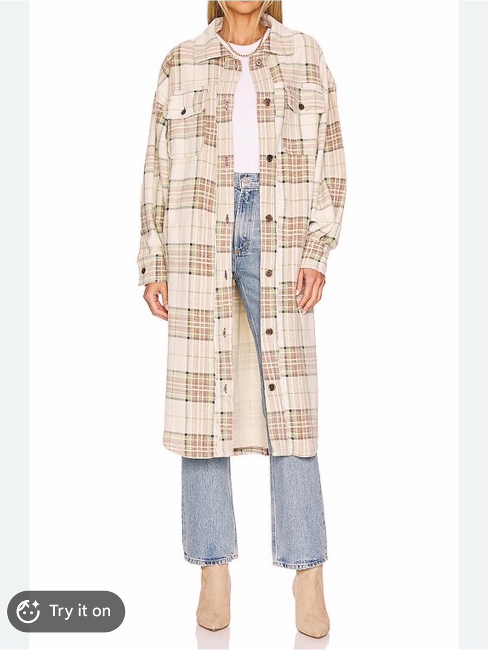 Free People Cream Plaid Long Shacket